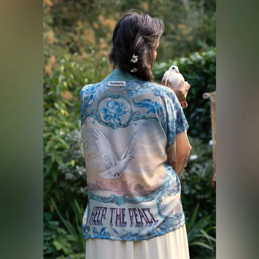 ⭐️Market of Stars⭐️ PEACE OUT Vintage  Art Lightweight Flowy Summer Cardigan - Picture 14 of 16